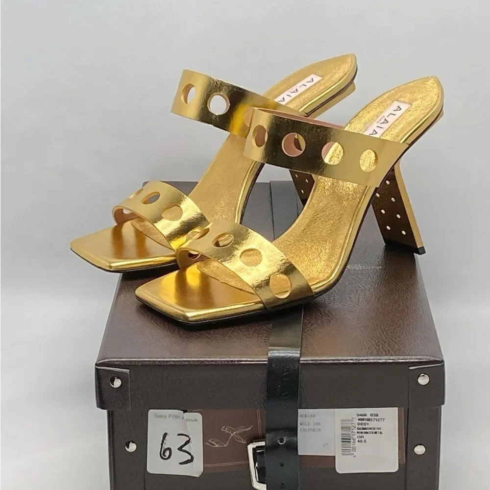 Alaia Perforated Metallic Square Toe Mules Sandal size 40.5